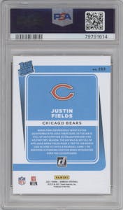 Justin Fields from the 2021 Panini Donruss set featuring a Press Proof Premium parallel graded by PSA and given an overall grade of 9.
