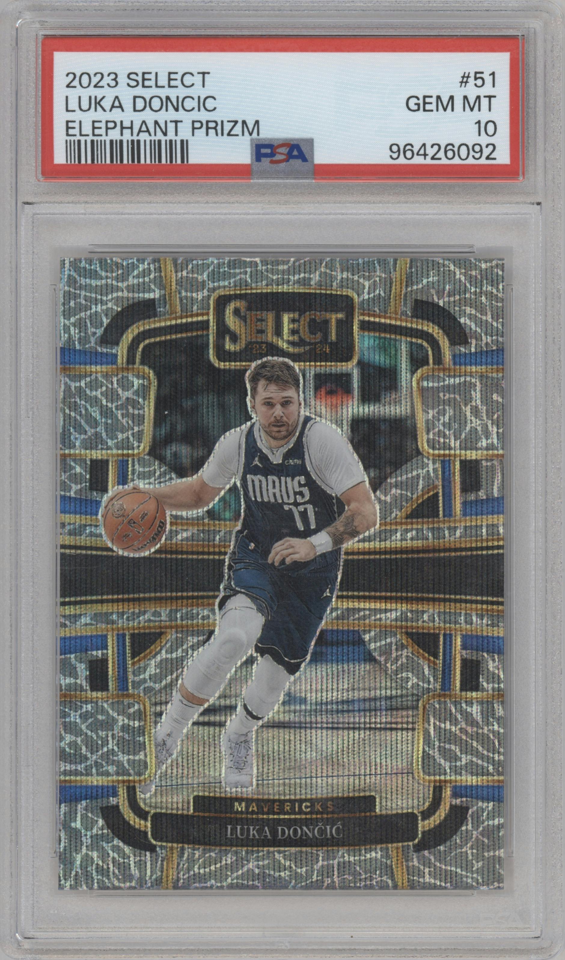 Luka Doncic from the 2023-24 Panini Select  set featuring a Elephant Prizm parallel graded by PSA and given an overall grade of 10.