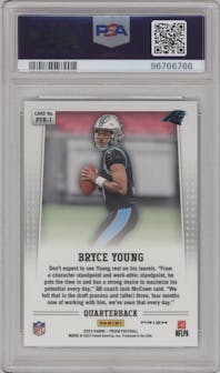 Bryce Young from the 2023 Panini Prizm set featuring a No Huddle parallel graded by PSA and given an overall grade of 10.