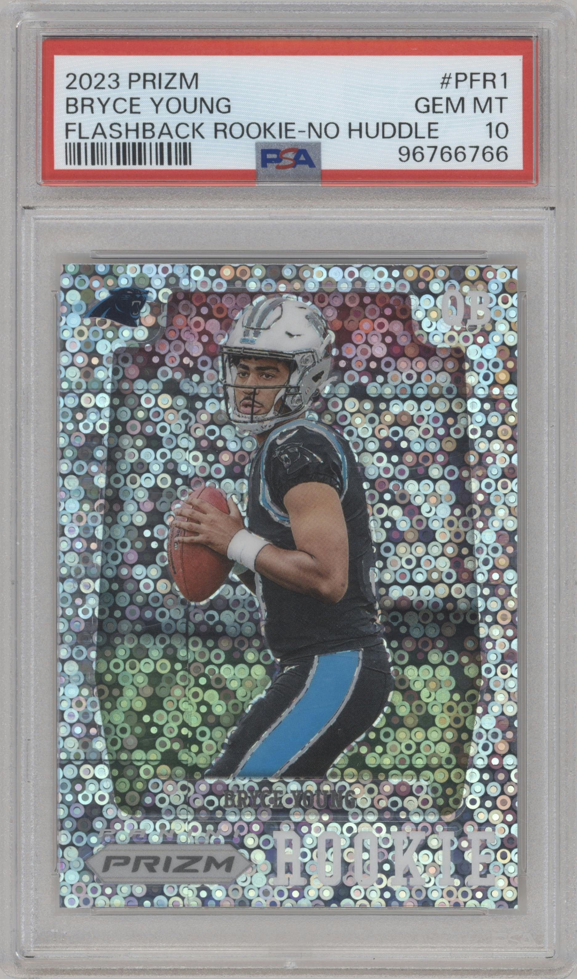 Bryce Young from the 2023 Panini Prizm set featuring a No Huddle parallel graded by PSA and given an overall grade of 10.