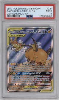Raichu & Alolan Raichu GX from the 2019 Pokemon S&M  set graded by PSA and given an overall grade of 9.