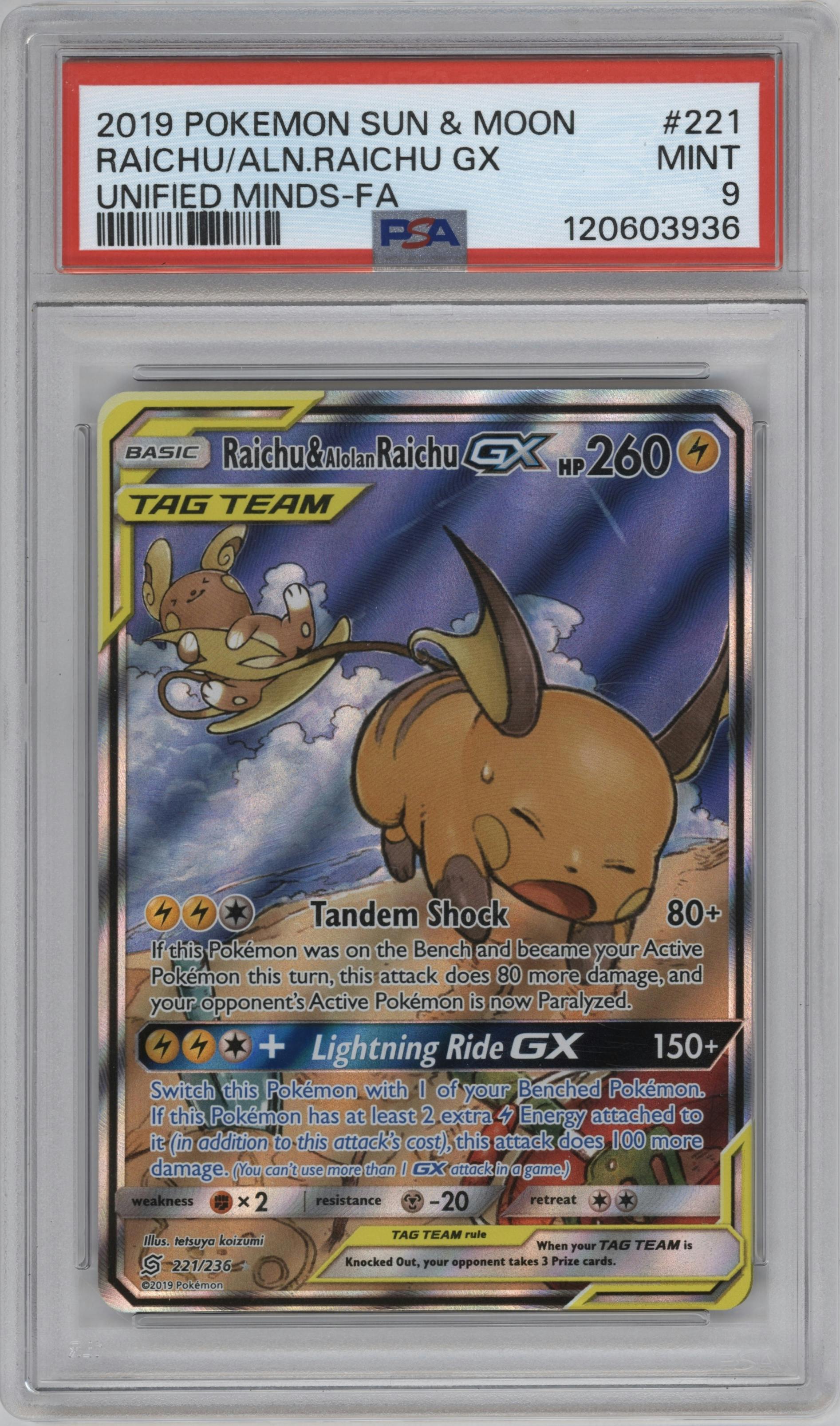 Raichu & Alolan Raichu GX from the 2019 Pokemon S&M  set graded by PSA and given an overall grade of 9.