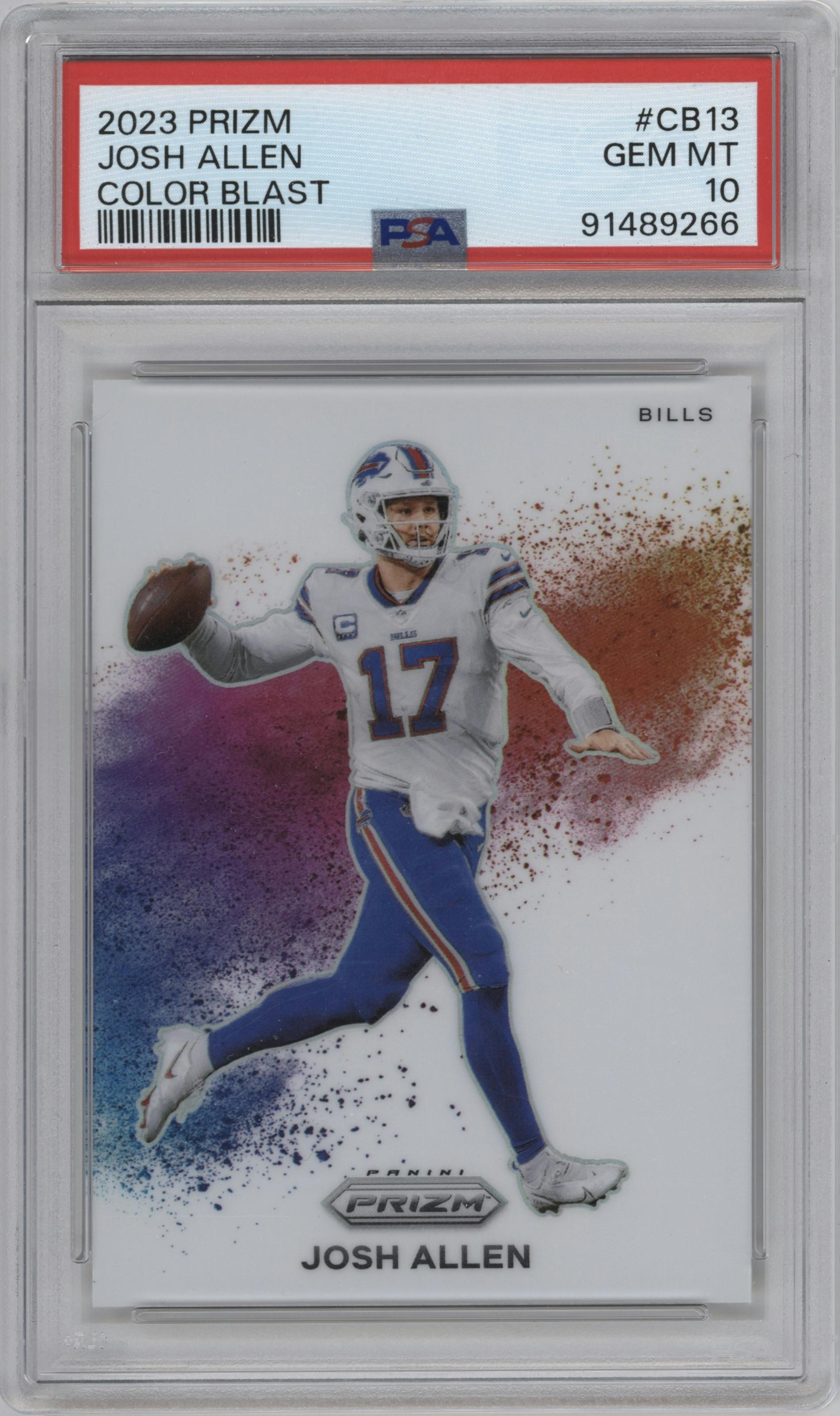 Josh Allen from the 2023 Panini Prizm set graded by PSA and given an overall grade of 10.
