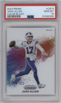 Josh Allen from the 2023 Panini Prizm set graded by PSA and given an overall grade of 10.