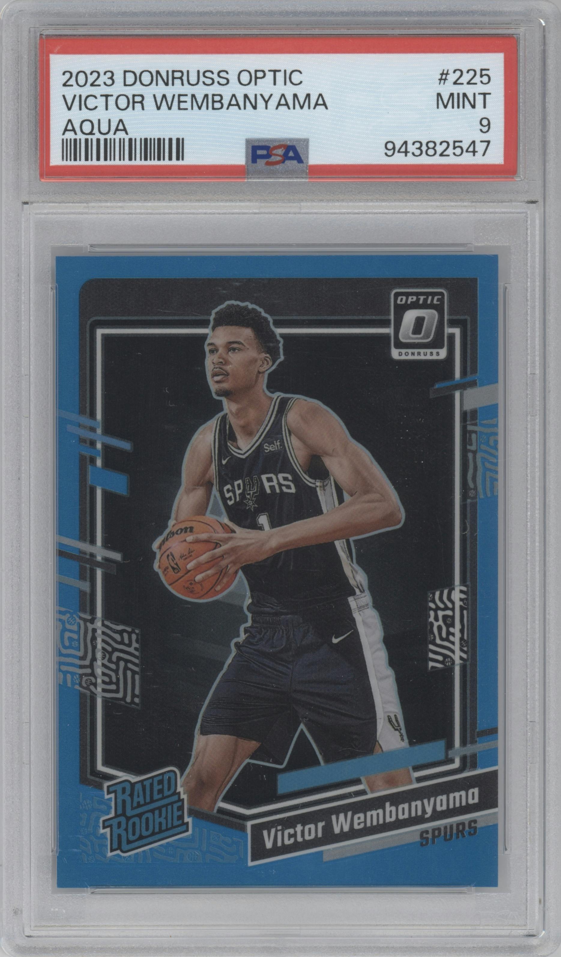 Victor Wembanyama from the 2023-24 Donruss Optic set featuring a Aqua parallel graded by PSA and given an overall grade of 9.