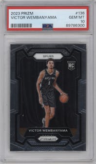Victor Wembanyama from the 2023-24 Panini Prizm set graded by PSA and given an overall grade of 10.