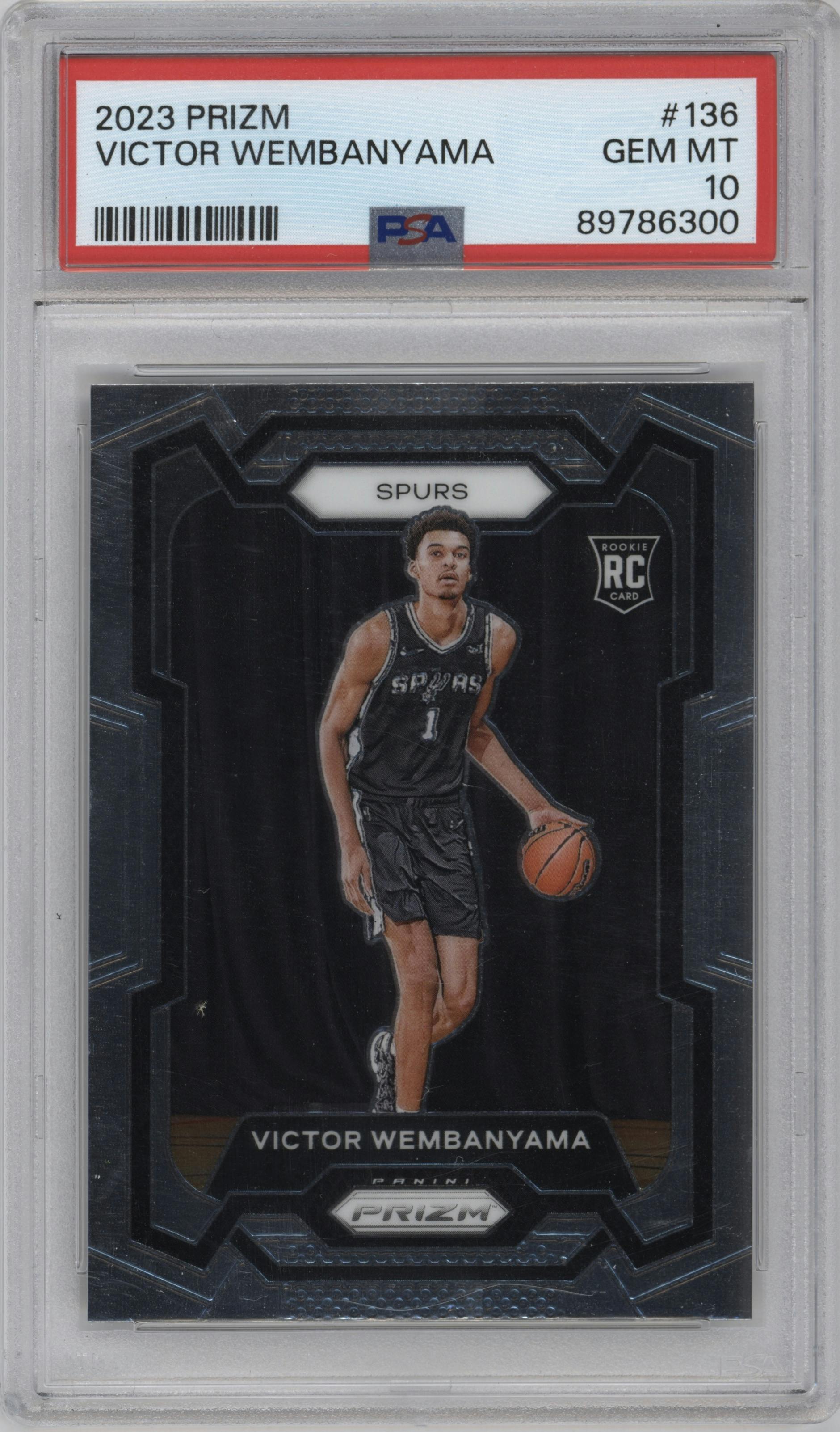 Victor Wembanyama from the 2023-24 Panini Prizm set graded by PSA and given an overall grade of 10.