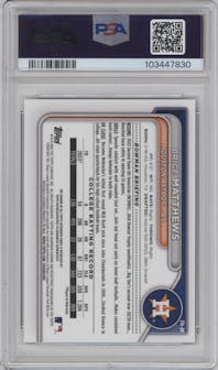 Brice Matthews from the 2024 Bowman set featuring a Green Refractor parallel graded by PSA and given an overall grade of 10.