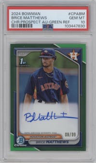 Brice Matthews from the 2024 Bowman set featuring a Green Refractor parallel graded by PSA and given an overall grade of 10.