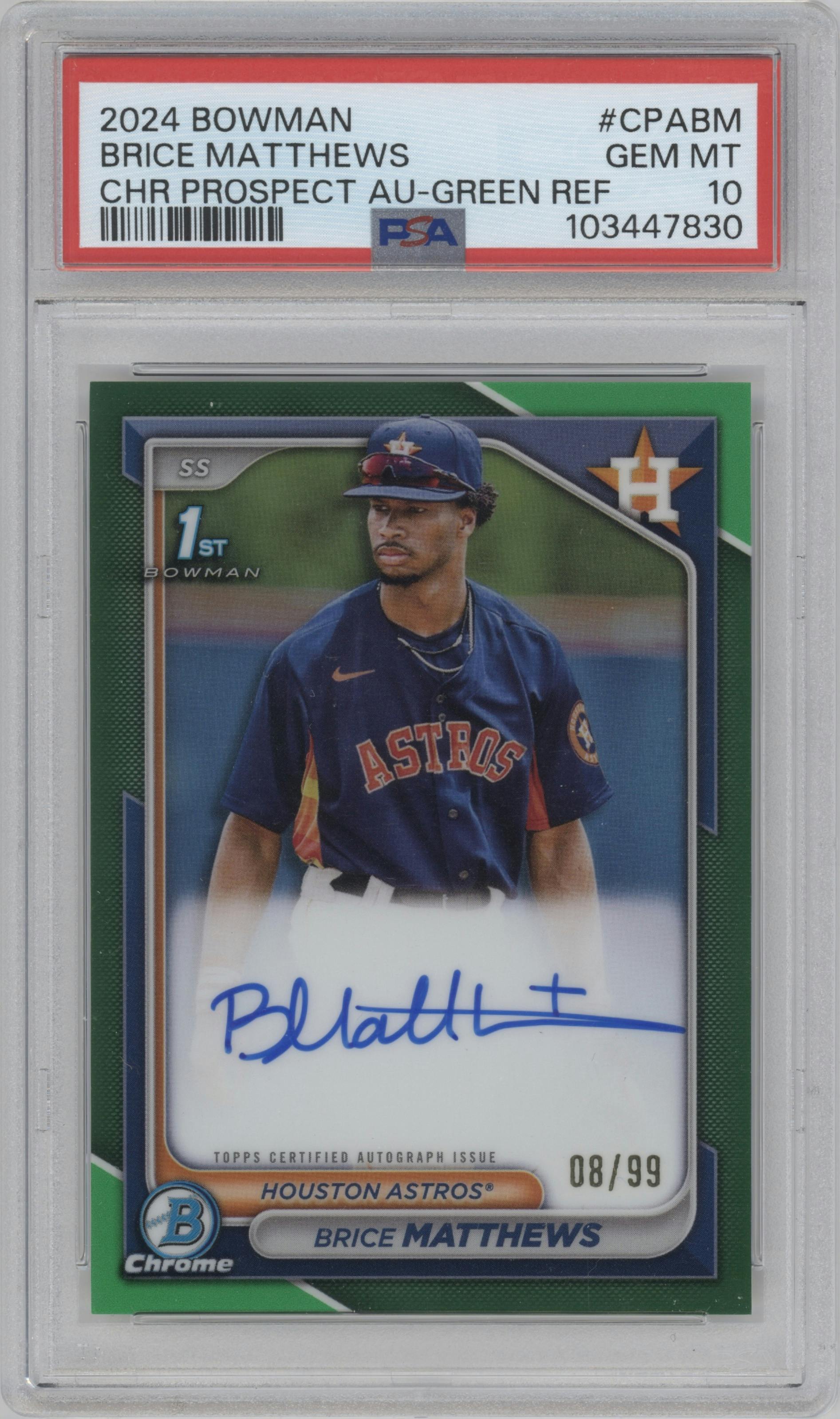 Brice Matthews from the 2024 Bowman set featuring a Green Refractor parallel graded by PSA and given an overall grade of 10.