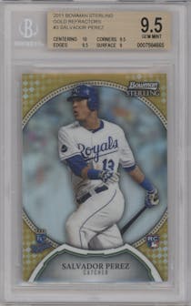 Salvador Perez from the 2011 Bowman Sterling  set featuring a Gold Refractor parallel graded by Beckett and given an overall grade of 9.5.
