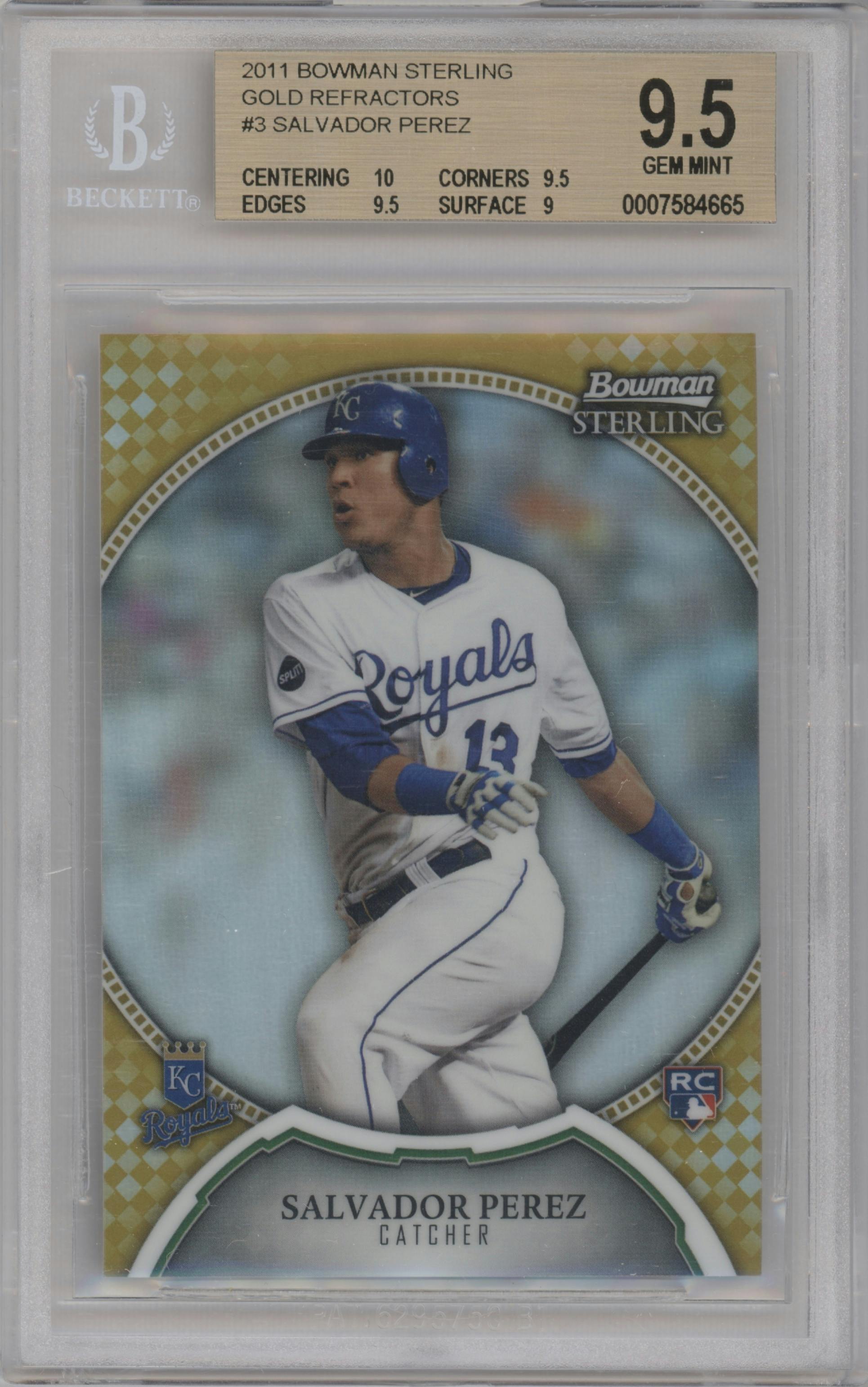 Salvador Perez from the 2011 Bowman Sterling  set featuring a Gold Refractor parallel graded by Beckett and given an overall grade of 9.5.