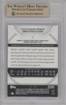 Salvador Perez from the 2011 Bowman Sterling  set featuring a Gold Refractor parallel graded by Beckett and given an overall grade of 9.5.