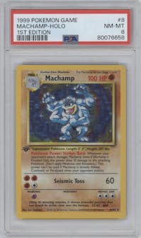 Machamp from the 1999 Pokemon set graded by PSA and given an overall grade of 8.