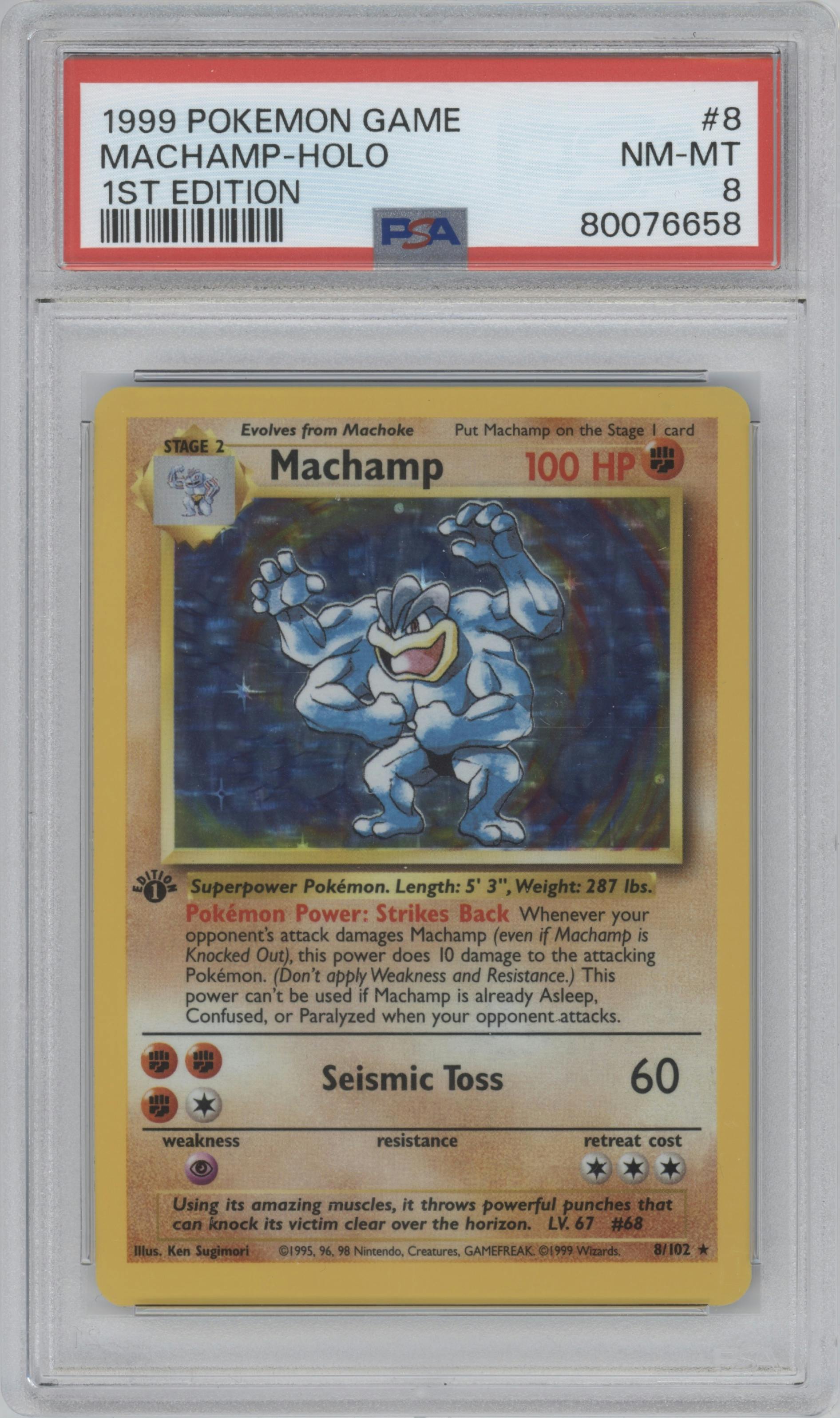 Machamp from the 1999 Pokemon set graded by PSA and given an overall grade of 8.