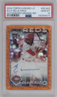 Elly De La Cruz from the 2024 Topps Chrome Logofractor set featuring a Orange Refractor parallel graded by PSA and given an overall grade of 10.