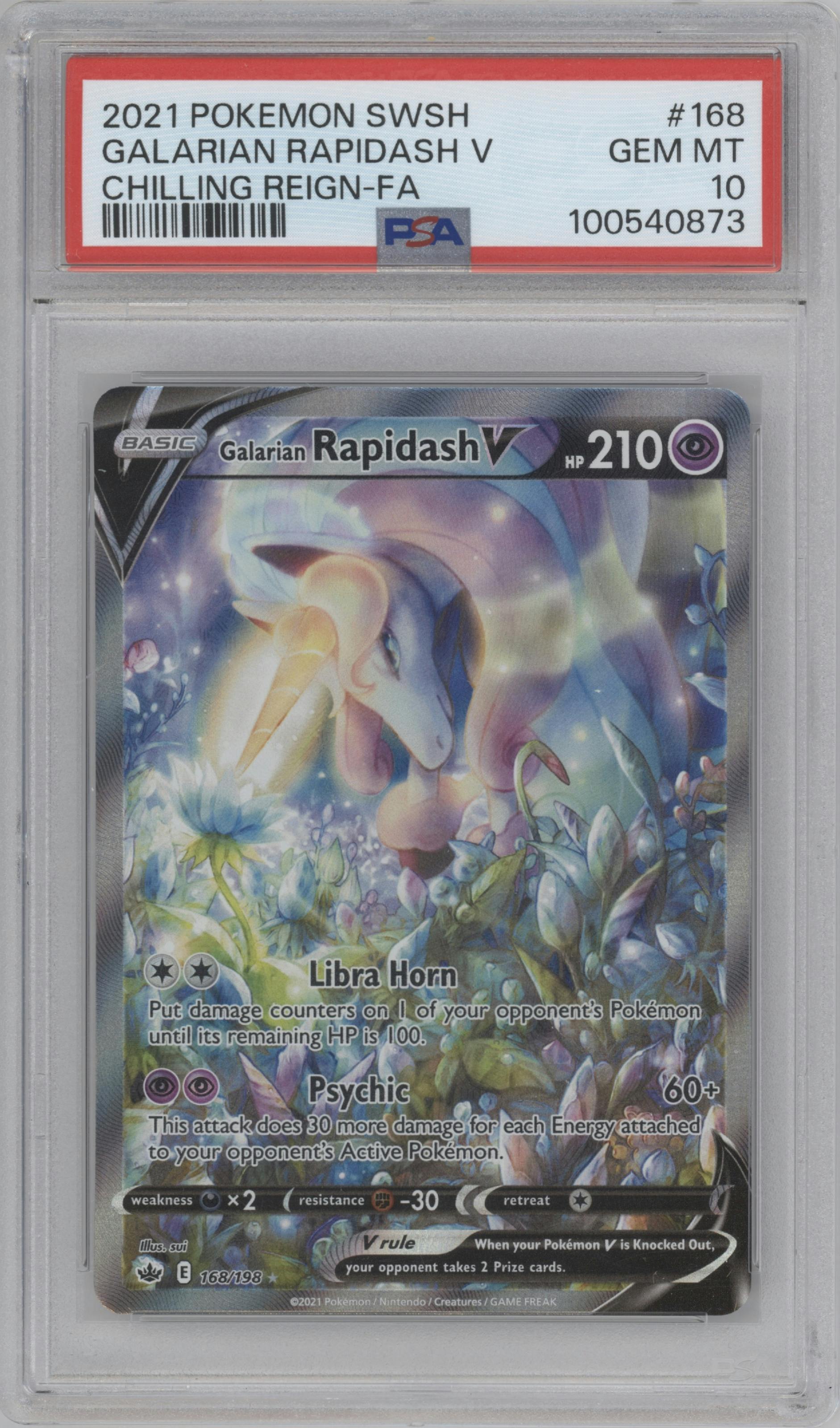 Galarian Rapidash V from the 2021 Pokemon SWSH set graded by PSA and given an overall grade of 10.