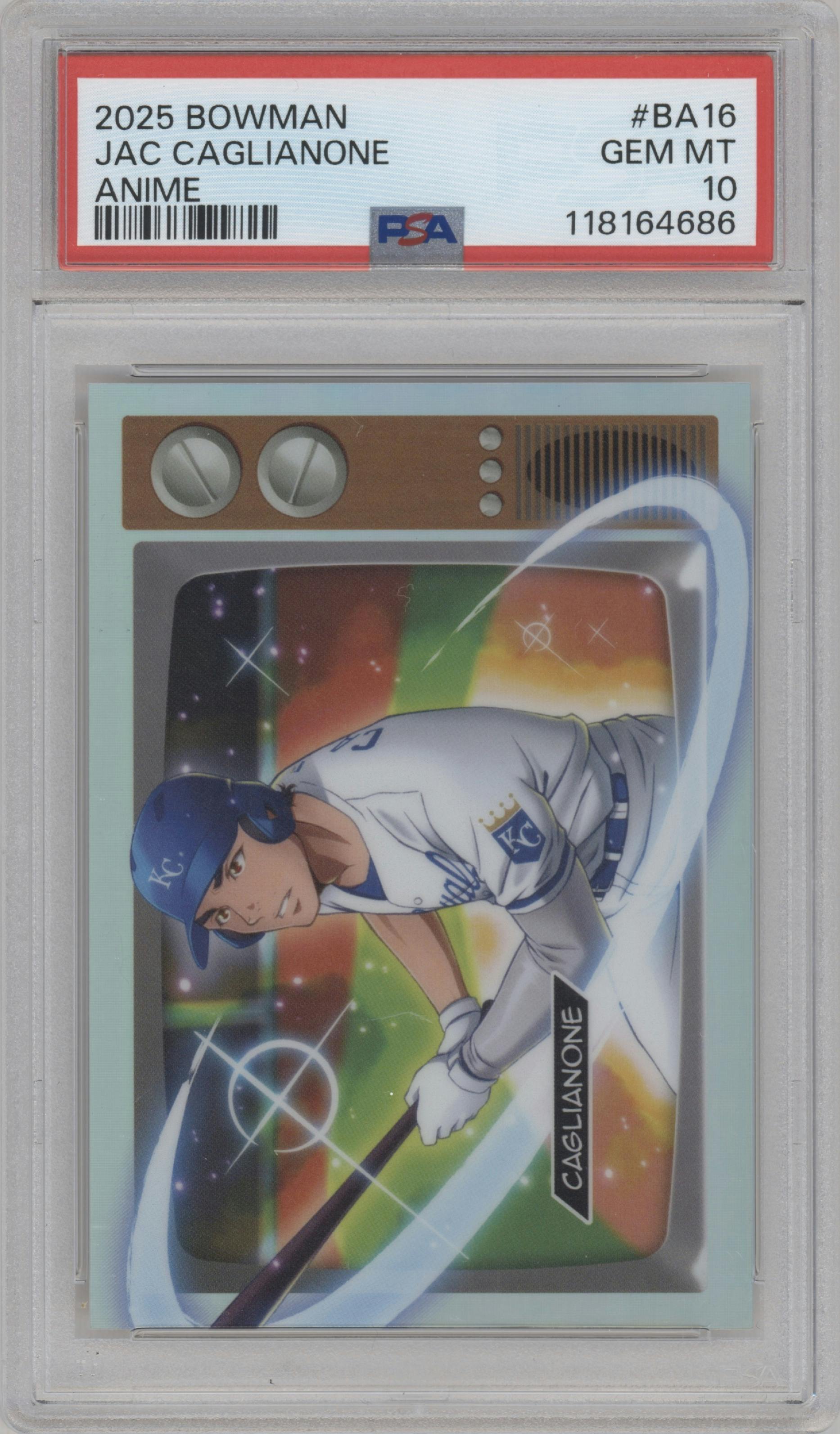 Jac Caglianone from the 2025 Bowman set graded by PSA and given an overall grade of 10.