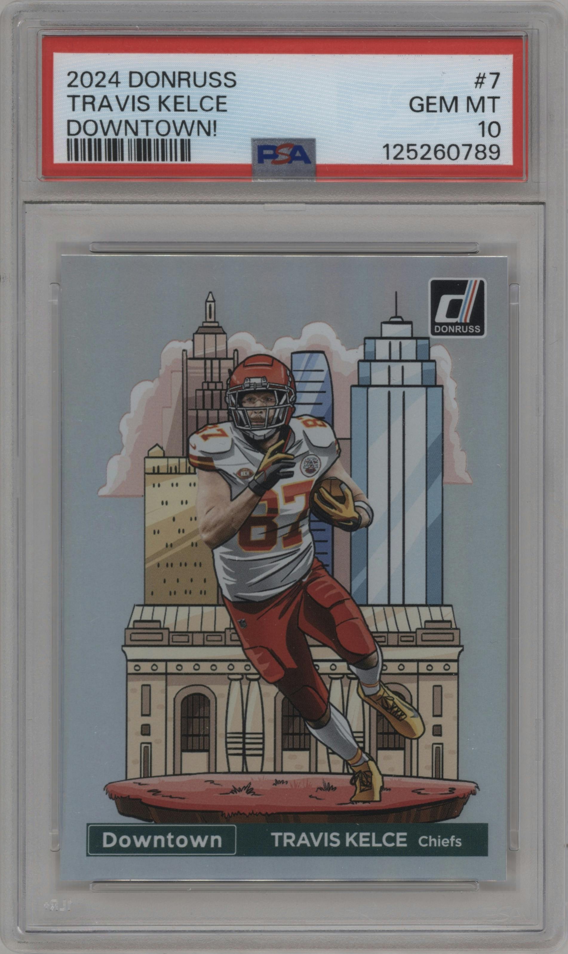 Travis Kelce from the 2024 Donruss set graded by PSA and given an overall grade of 10.