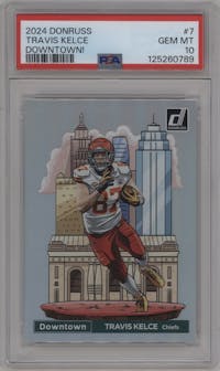 Travis Kelce from the 2024 Donruss set graded by PSA and given an overall grade of 10.