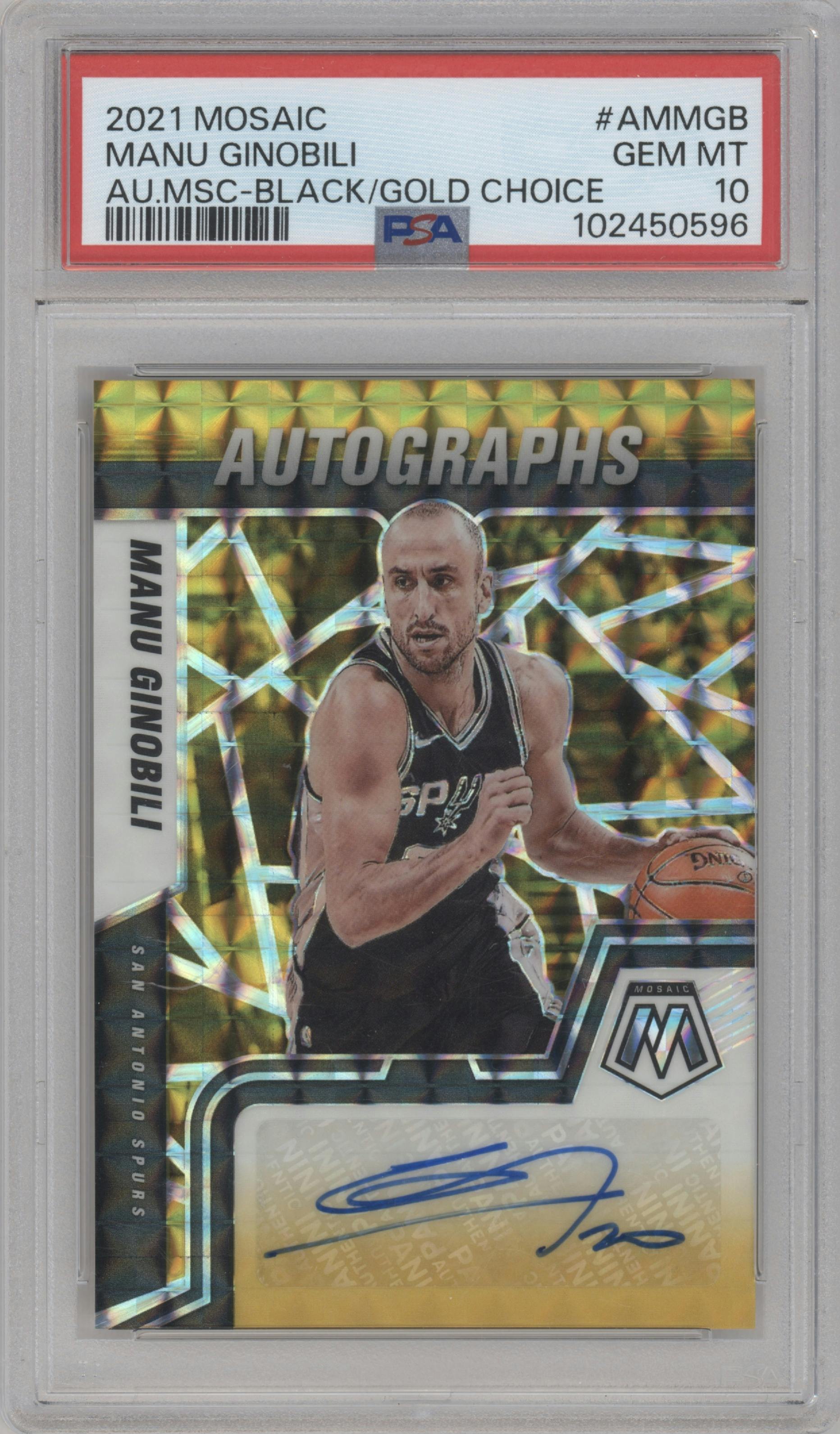 Manu Ginobili  from the 2021-22 Panini Mosaic  set featuring a Choice Black Gold parallel graded by PSA and given an overall grade of 10.