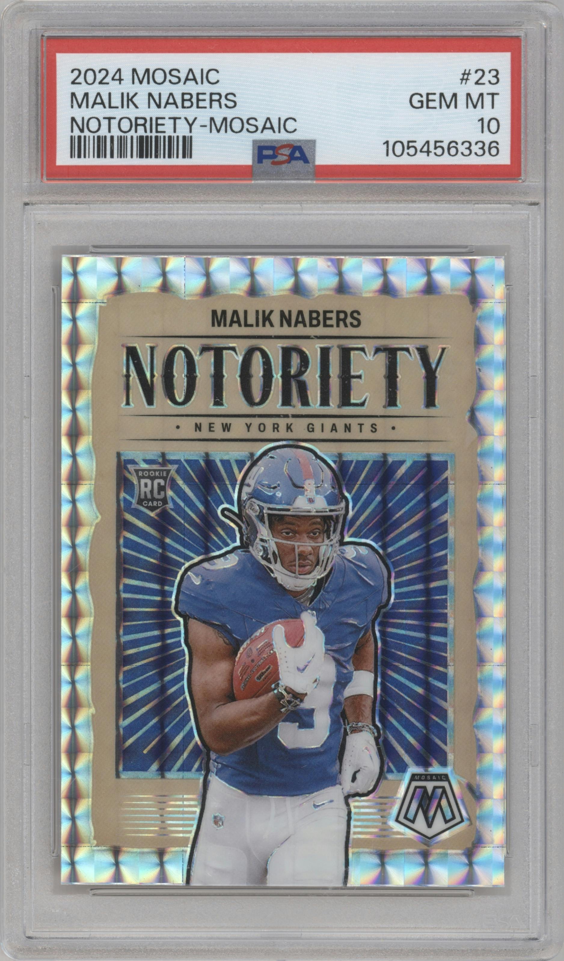 Malik Nabers from the 2024 Panini Mosaic set featuring a Mosaic parallel graded by PSA and given an overall grade of 10.