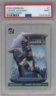 Lamar Jackson from the 2024 Donruss set graded by PSA and given an overall grade of 9.