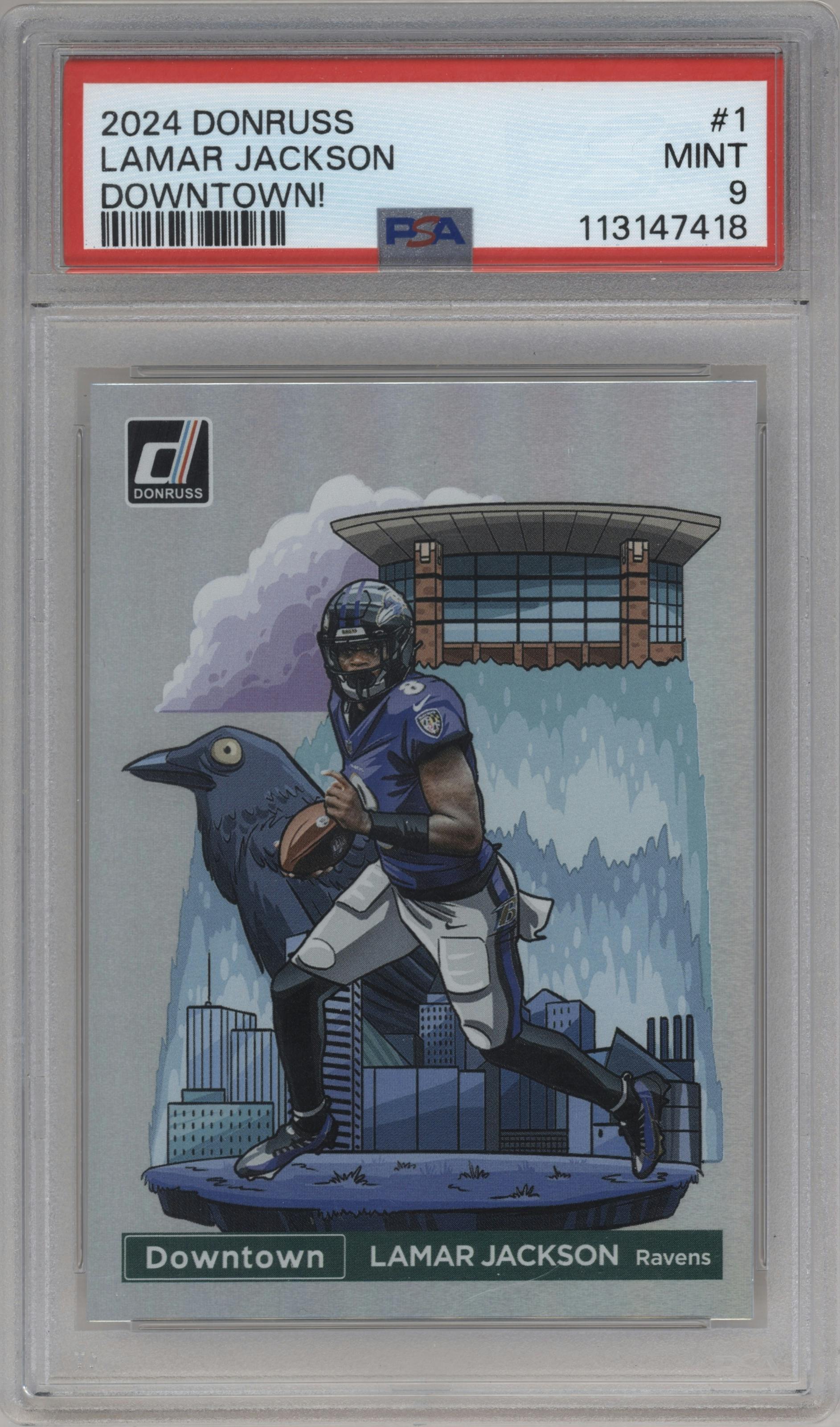 Lamar Jackson from the 2024 Donruss set graded by PSA and given an overall grade of 9.