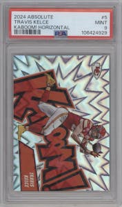 Travis Kelce from the 2024 Panini Absolute set graded by PSA and given an overall grade of 9.