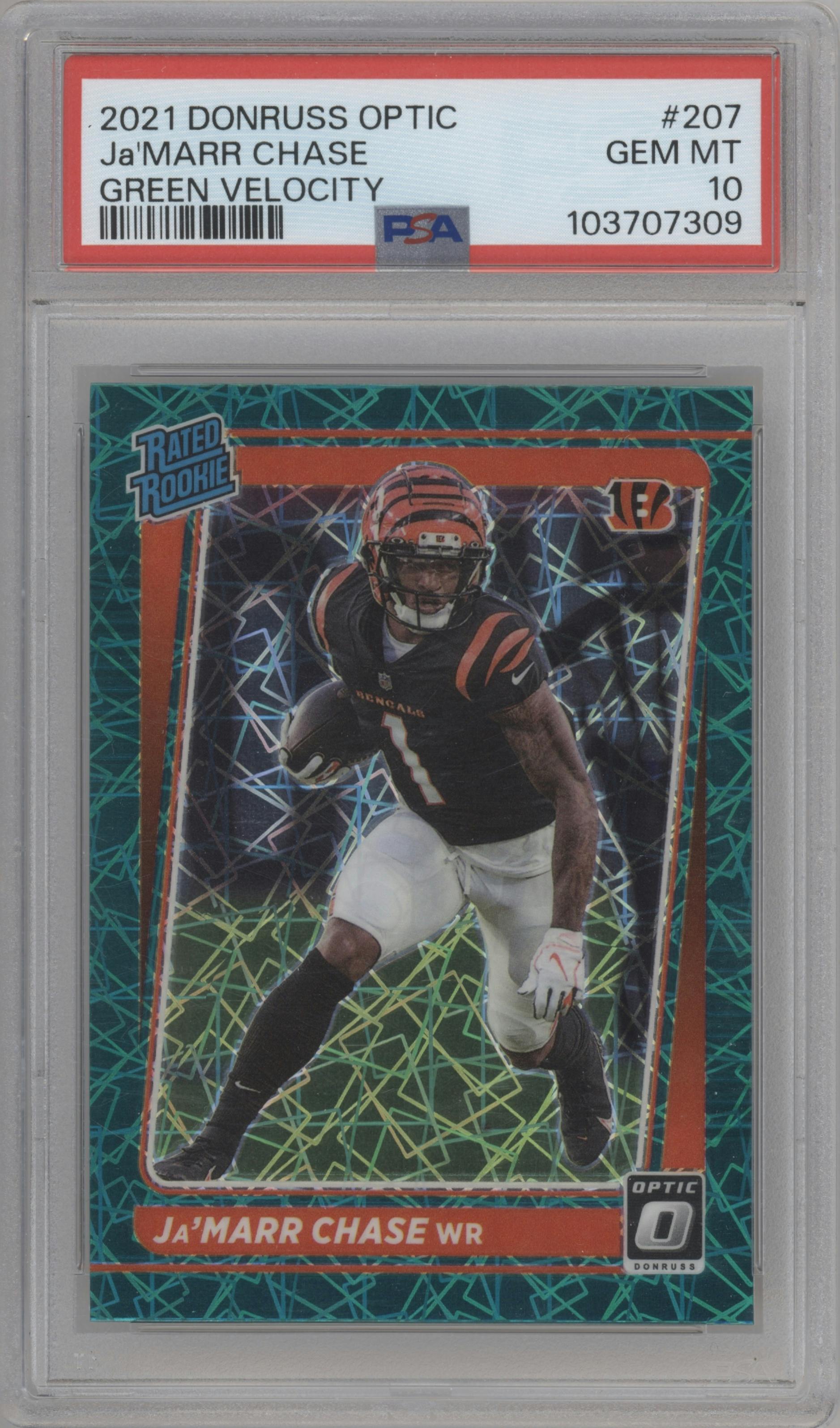 Ja'Marr Chase from the 2021 Panini Donruss Optic set featuring a Green Velocity parallel graded by PSA and given an overall grade of 10.