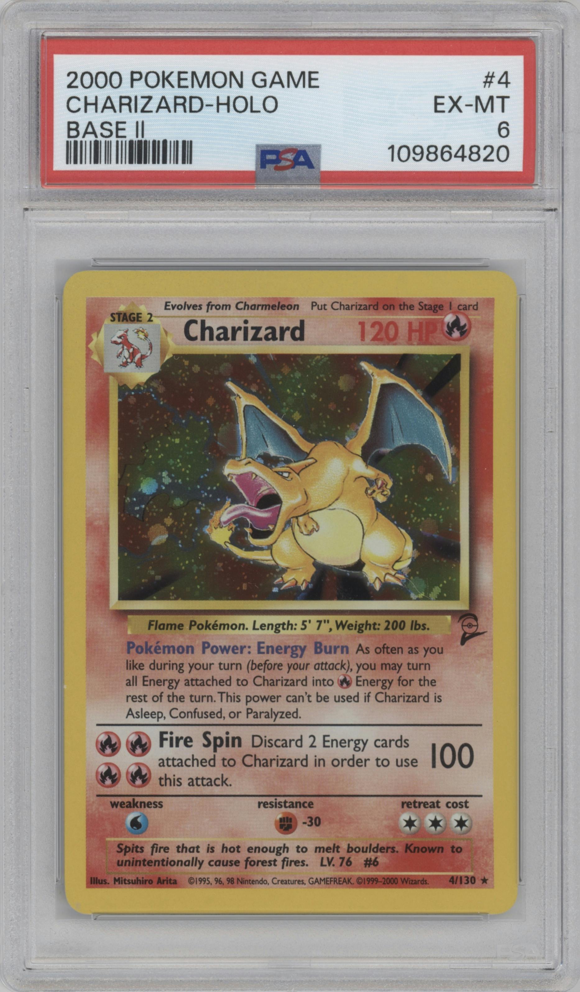 Charizard from the 2000 Pokemon set graded by PSA and given an overall grade of 6.