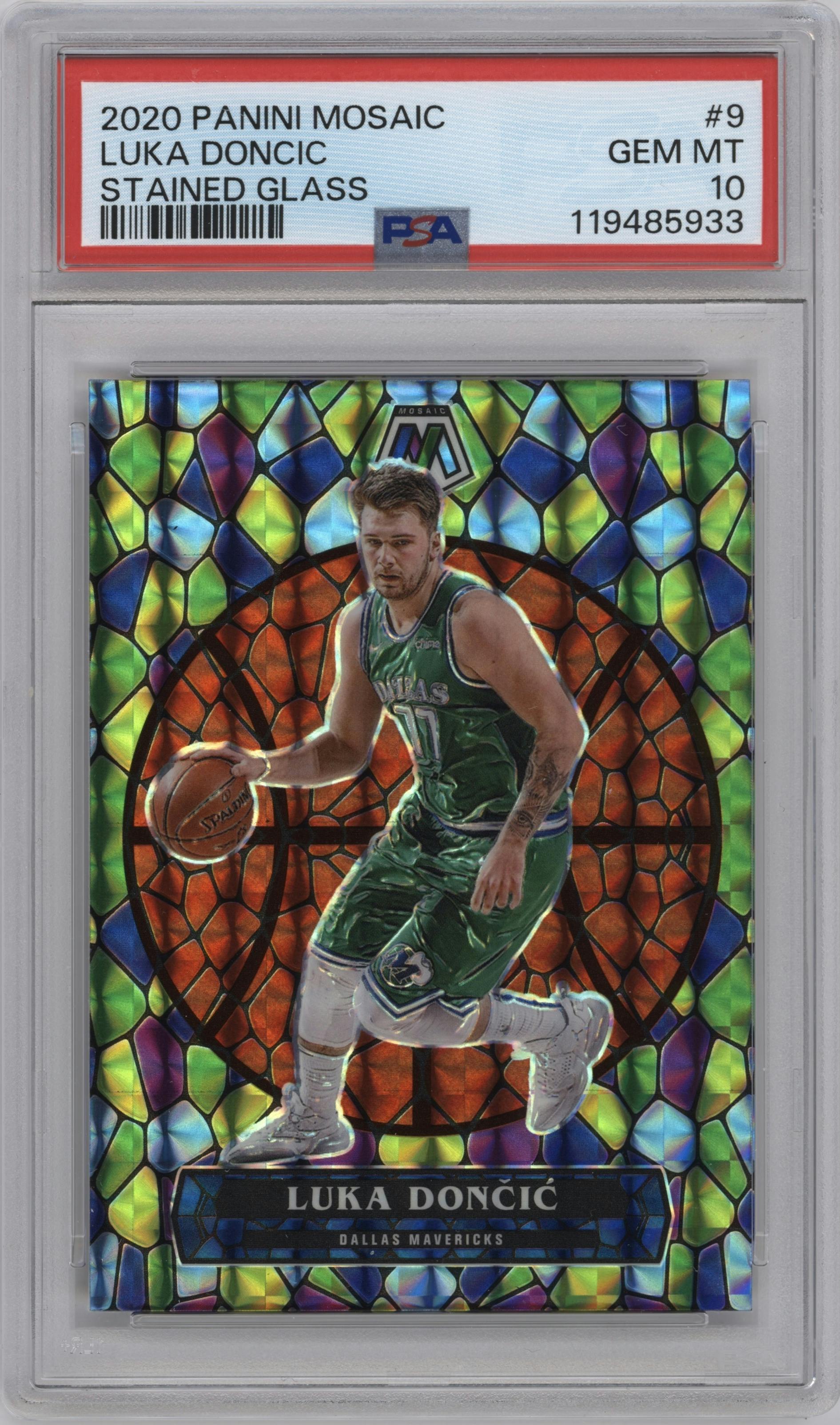 Luka Doncic from the 2020-21 Panini Mosaic set graded by PSA and given an overall grade of 10.