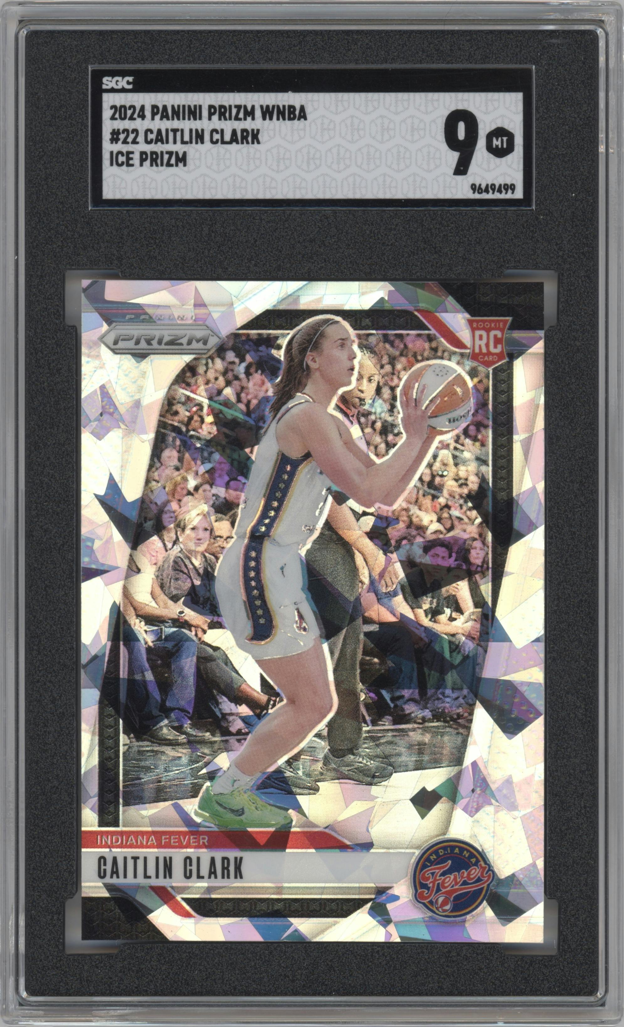 Caitlin Clark from the 2024 Panini Prizm WNBA set featuring a Ice parallel graded by SGC and given an overall grade of 9.