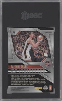Caitlin Clark from the 2024 Panini Prizm WNBA set featuring a Ice parallel graded by SGC and given an overall grade of 9.