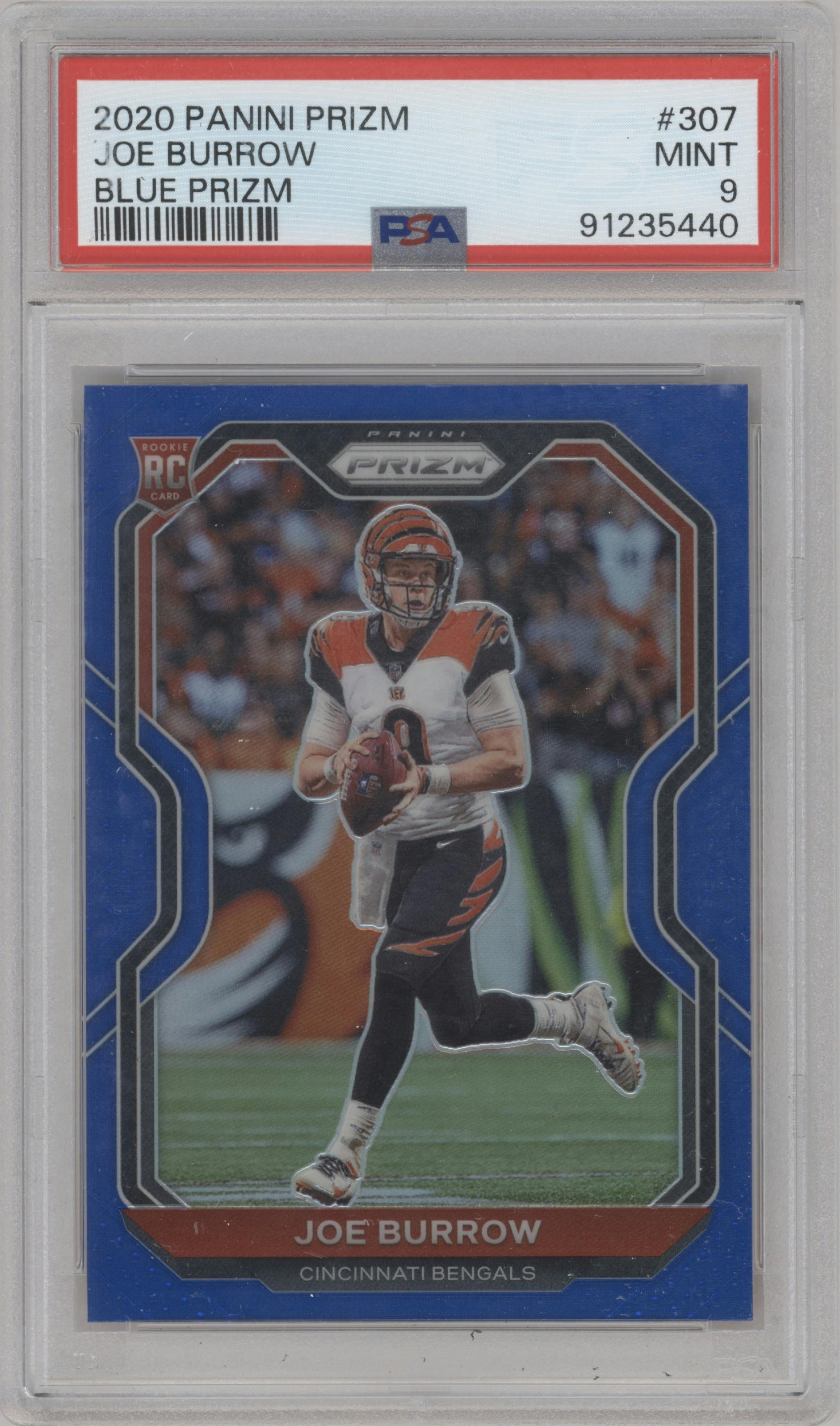Joe Burrow from the 2020 Panini Prizm set featuring a Blue Prizm parallel graded by PSA and given an overall grade of 9.