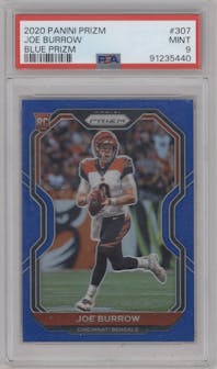 Joe Burrow from the 2020 Panini Prizm set featuring a Blue Prizm parallel graded by PSA and given an overall grade of 9.