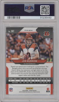 Joe Burrow from the 2020 Panini Prizm set featuring a Blue Prizm parallel graded by PSA and given an overall grade of 9.