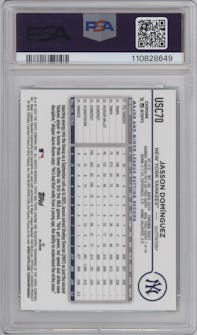 Jasson Dominguez from the 2024 Topps Chrome Update set featuring a Green Speckle Refractors parallel graded by PSA and given an overall grade of 10.