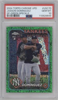 Jasson Dominguez from the 2024 Topps Chrome Update set featuring a Green Speckle Refractors parallel graded by PSA and given an overall grade of 10.