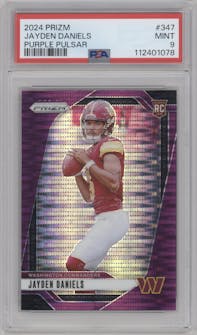 Jayden Daniels from the 2024 Panini Prizm set featuring a Purple Pulsar parallel graded by PSA and given an overall grade of 9.