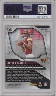 Jayden Daniels from the 2024 Panini Prizm set featuring a Purple Pulsar parallel graded by PSA and given an overall grade of 9.