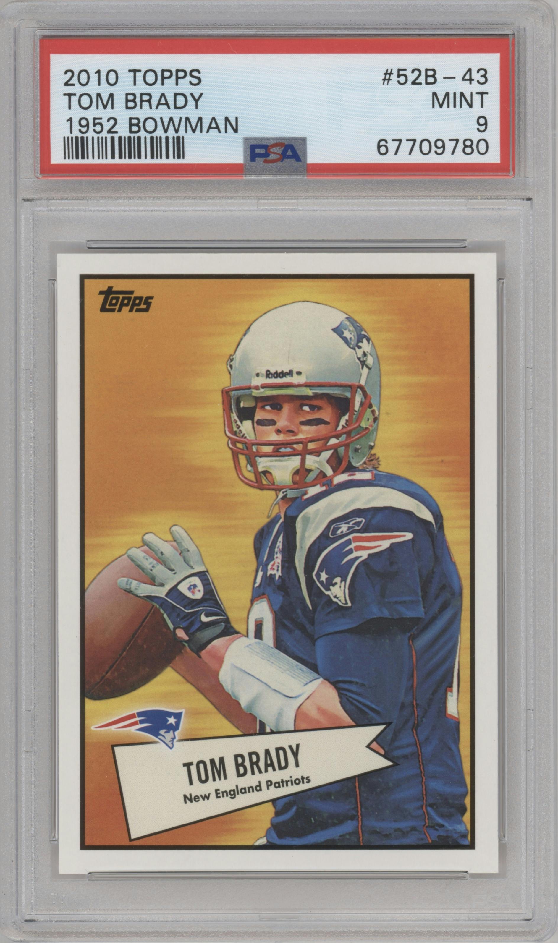 Tom Brady from the 2010 Topps set graded by PSA and given an overall grade of 9.