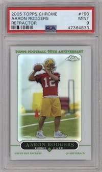 Aaron Rodgers  from the 2005 Topps Chrome set featuring a Refractor parallel graded by PSA and given an overall grade of 9.