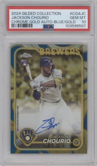 Jackson Chourio from the 2024 Topps Gilded Collection set featuring a Blue/Gold parallel graded by PSA and given an overall grade of 10.
