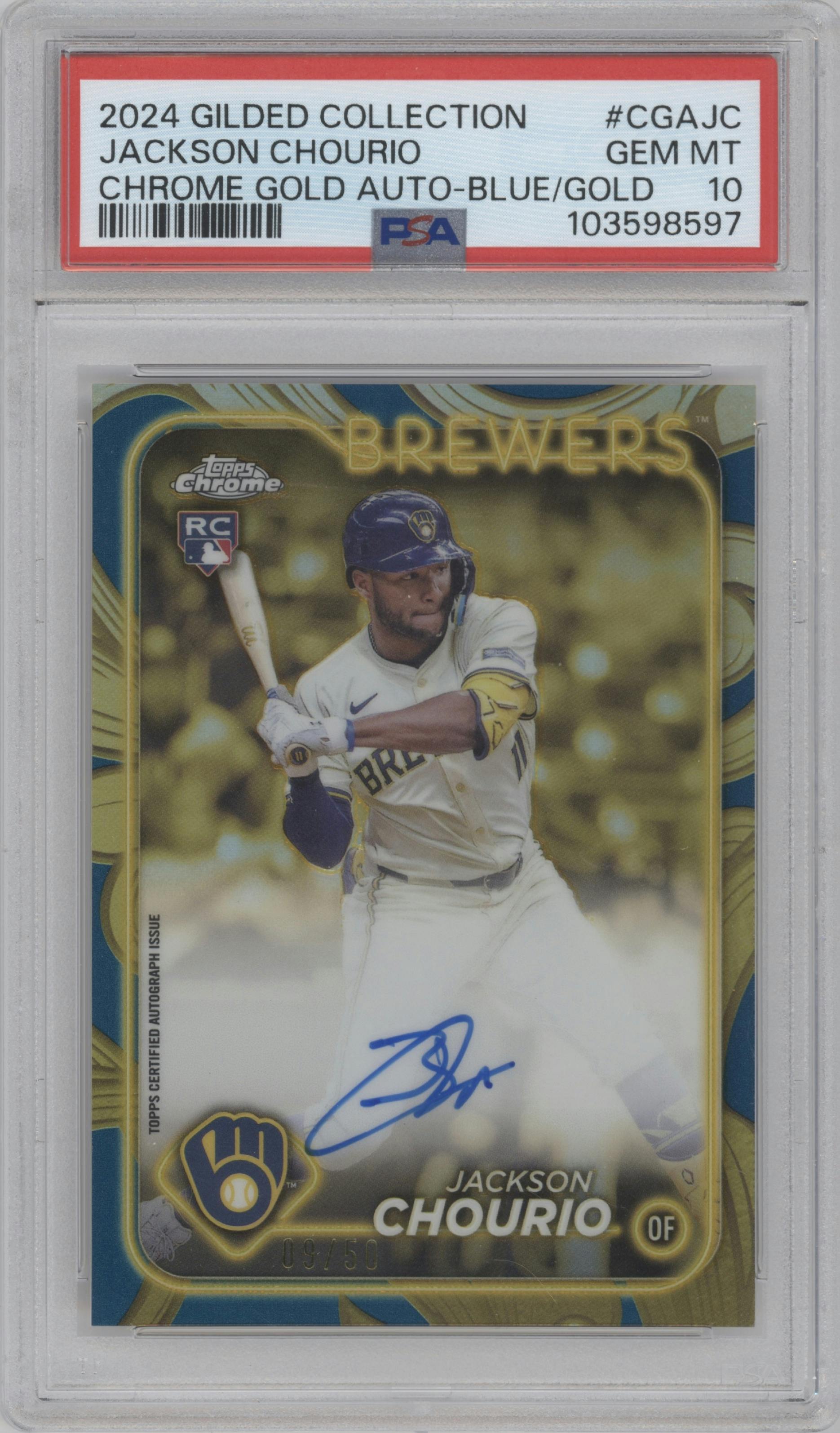 Jackson Chourio from the 2024 Topps Gilded Collection set featuring a Blue/Gold parallel graded by PSA and given an overall grade of 10.