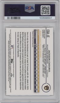 Jackson Chourio from the 2024 Topps Gilded Collection set featuring a Blue/Gold parallel graded by PSA and given an overall grade of 10.