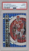 Patrick Mahomes II from the 2023 Panini Mosaic set featuring a Blue Mosaic parallel graded by PSA and given an overall grade of 10.