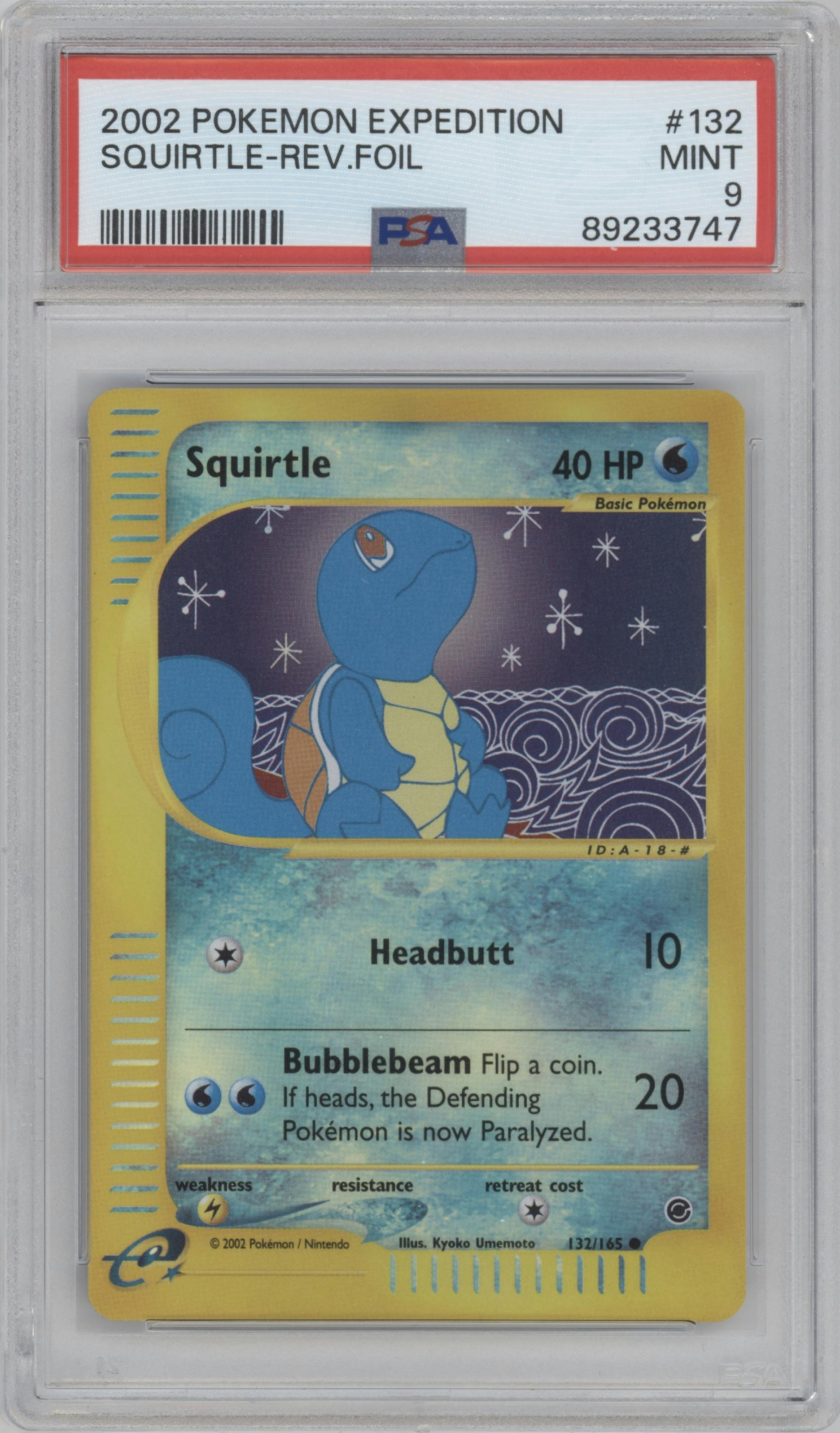 Squirtle from the 2002 Pokemon E-CARD set graded by PSA and given an overall grade of 9.