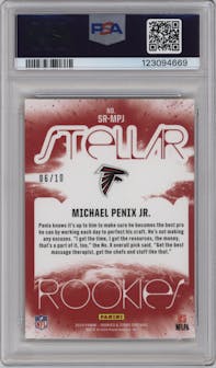 Michael Penix Jr. from the 2024 Panini Rookies & Stars set featuring a Gold parallel graded by PSA and given an overall grade of 9.