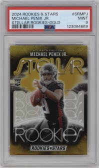 Michael Penix Jr. from the 2024 Panini Rookies & Stars set featuring a Gold parallel graded by PSA and given an overall grade of 9.